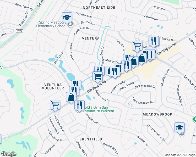 map of restaurants, bars, coffee shops, grocery stores, and more near 8026 Sunshine Trail Drive in San Antonio