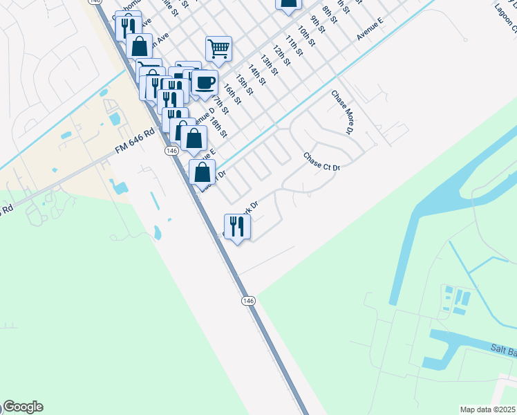 map of restaurants, bars, coffee shops, grocery stores, and more near 1139 Chase Park Dr in Bacliff