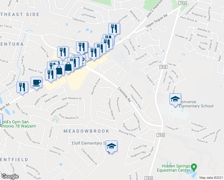 map of restaurants, bars, coffee shops, grocery stores, and more near 8367 Longhorn Ridge Drive in Converse
