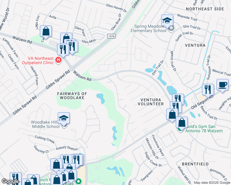 map of restaurants, bars, coffee shops, grocery stores, and more near 6947 Congressional Boulevard in San Antonio