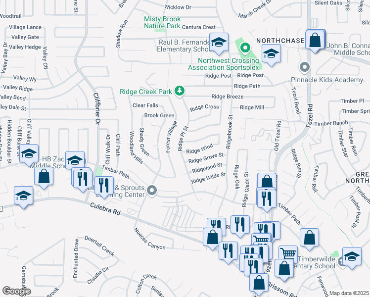 map of restaurants, bars, coffee shops, grocery stores, and more near 9259 Ridge Wind in San Antonio