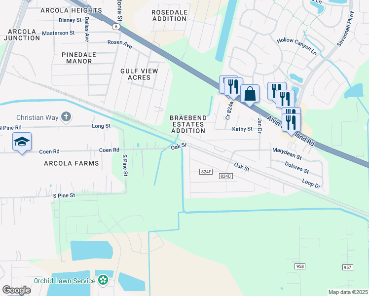 map of restaurants, bars, coffee shops, grocery stores, and more near 384 Cut Thru Alley in Rosharon