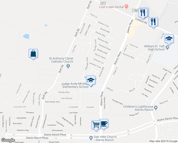 map of restaurants, bars, coffee shops, grocery stores, and more near 6131 Big Bend Cove in San Antonio