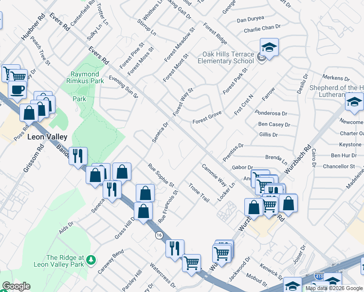map of restaurants, bars, coffee shops, grocery stores, and more near 6608 Countess Adria Street in Leon Valley