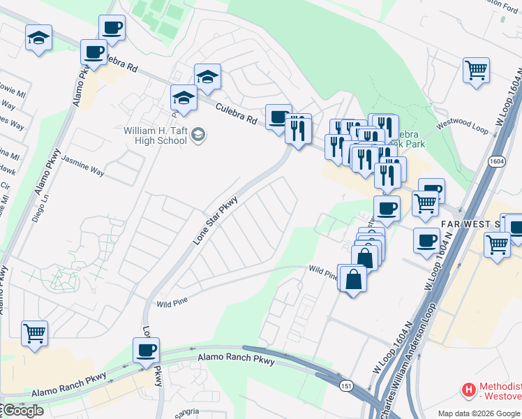 map of restaurants, bars, coffee shops, grocery stores, and more near 11355 Phoebe Lace in San Antonio
