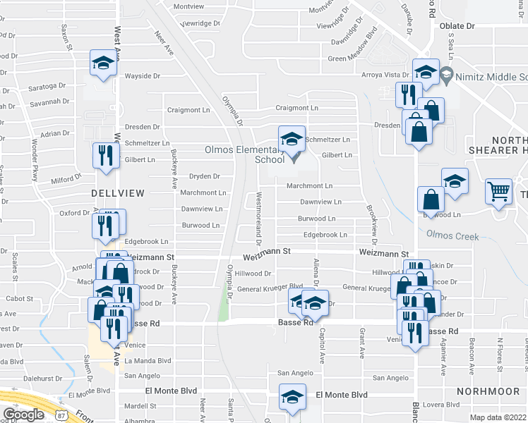map of restaurants, bars, coffee shops, grocery stores, and more near 318 Westmoreland Drive in San Antonio