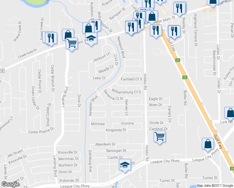 map of restaurants, bars, coffee shops, grocery stores, and more near 2111 Williamsburg Court South in League City