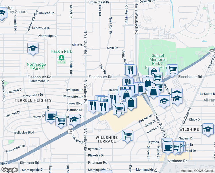 map of restaurants, bars, coffee shops, grocery stores, and more near 203 Deerwood Drive in San Antonio