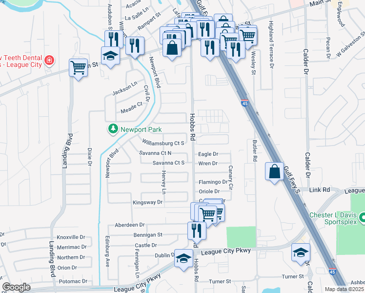 map of restaurants, bars, coffee shops, grocery stores, and more near 2003 Williamsburg Court South in League City