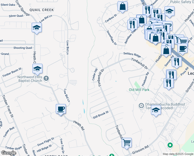 map of restaurants, bars, coffee shops, grocery stores, and more near 6511 Timberhill in San Antonio