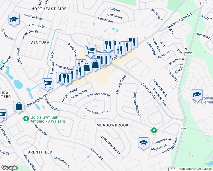 map of restaurants, bars, coffee shops, grocery stores, and more near 8227 Club Meadow Drive in Converse