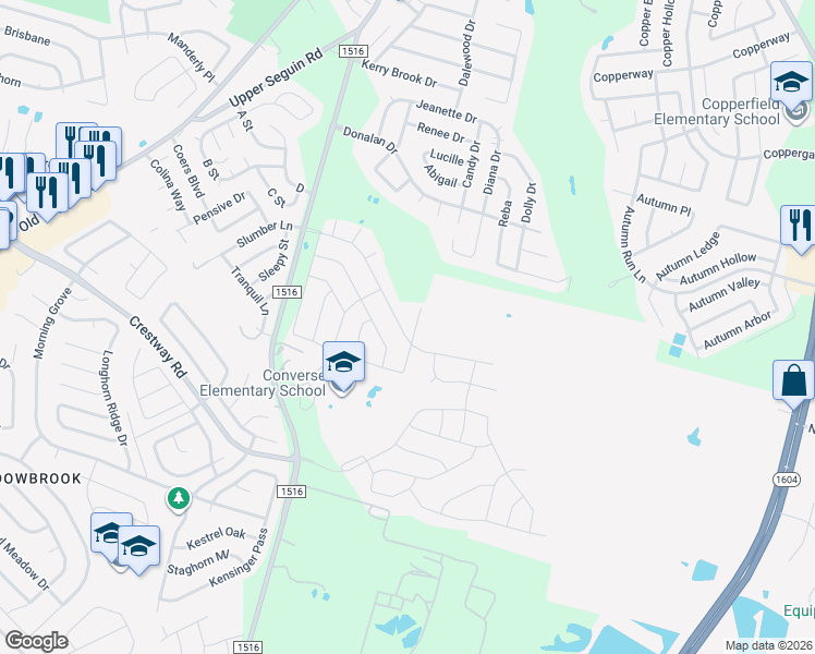 map of restaurants, bars, coffee shops, grocery stores, and more near 6910 Fm 1516 N in Converse