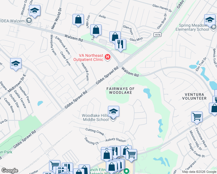map of restaurants, bars, coffee shops, grocery stores, and more near 7235 Winding Fence in San Antonio