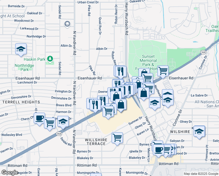 map of restaurants, bars, coffee shops, grocery stores, and more near 220 Deerwood Drive in San Antonio