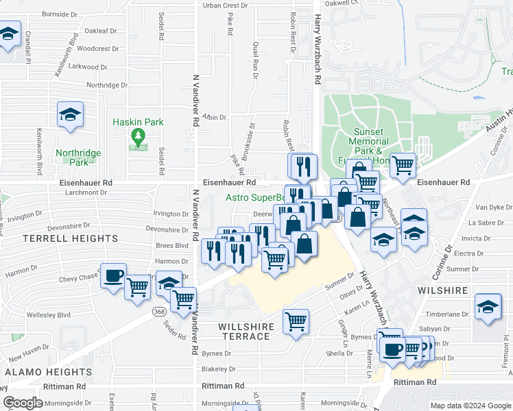 map of restaurants, bars, coffee shops, grocery stores, and more near 203 Deerwood Drive in San Antonio