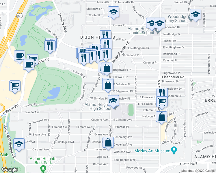 map of restaurants, bars, coffee shops, grocery stores, and more near 122 West Oakview Place in San Antonio