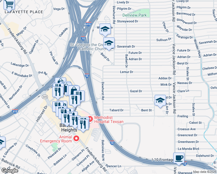 map of restaurants, bars, coffee shops, grocery stores, and more near 366 Mink Drive in San Antonio