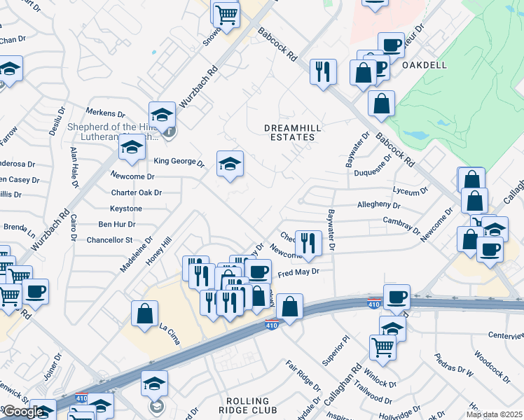 map of restaurants, bars, coffee shops, grocery stores, and more near 4900 Ali Avenue in San Antonio