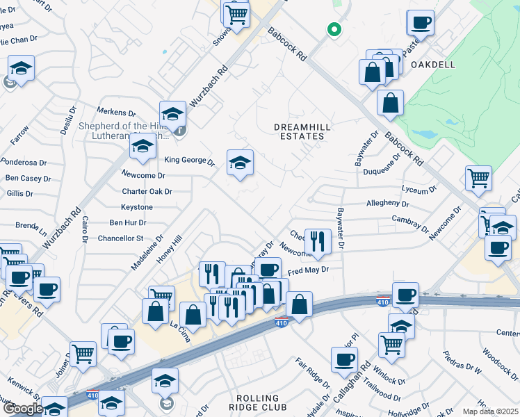 map of restaurants, bars, coffee shops, grocery stores, and more near 4918 Ty Terrace Street in San Antonio