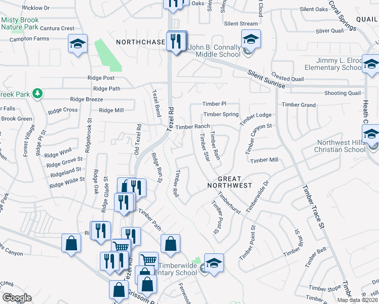 map of restaurants, bars, coffee shops, grocery stores, and more near 8711 Timber Plain in San Antonio