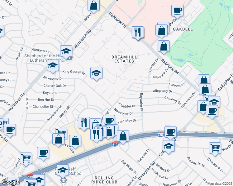 map of restaurants, bars, coffee shops, grocery stores, and more near 4900 Ali Avenue in San Antonio