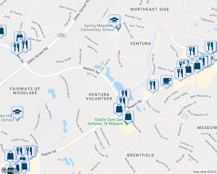 map of restaurants, bars, coffee shops, grocery stores, and more near 7010 Elk Trail in San Antonio