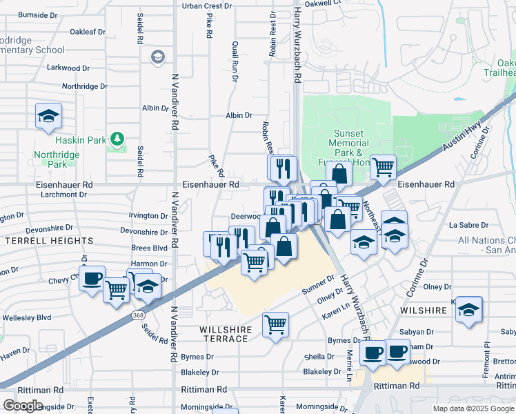map of restaurants, bars, coffee shops, grocery stores, and more near 220 Deerwood Drive in San Antonio