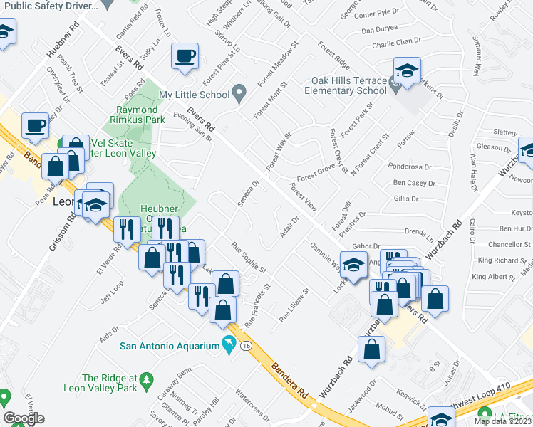 map of restaurants, bars, coffee shops, grocery stores, and more near 6608 Countess Adria Street in Leon Valley
