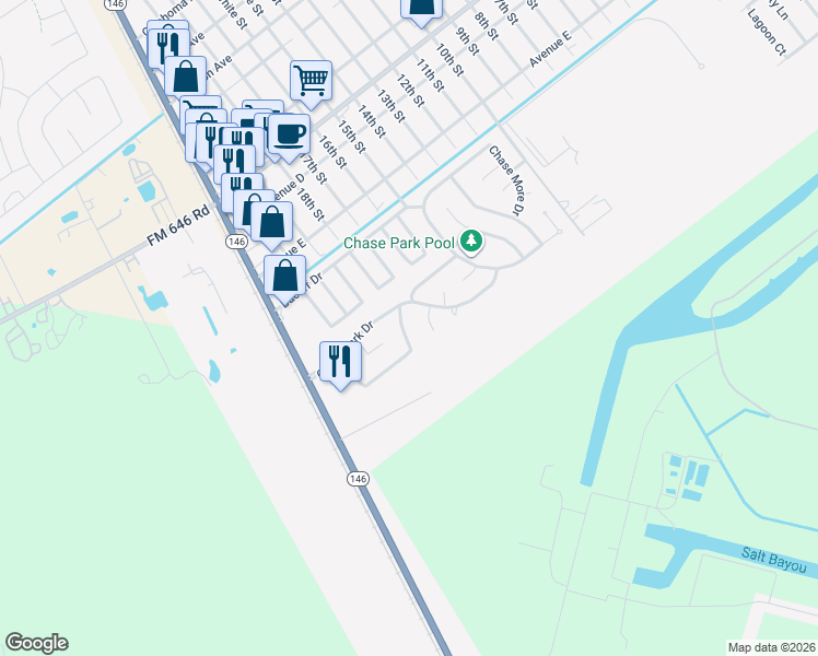 map of restaurants, bars, coffee shops, grocery stores, and more near 5418 Chasewood Drive in Bacliff