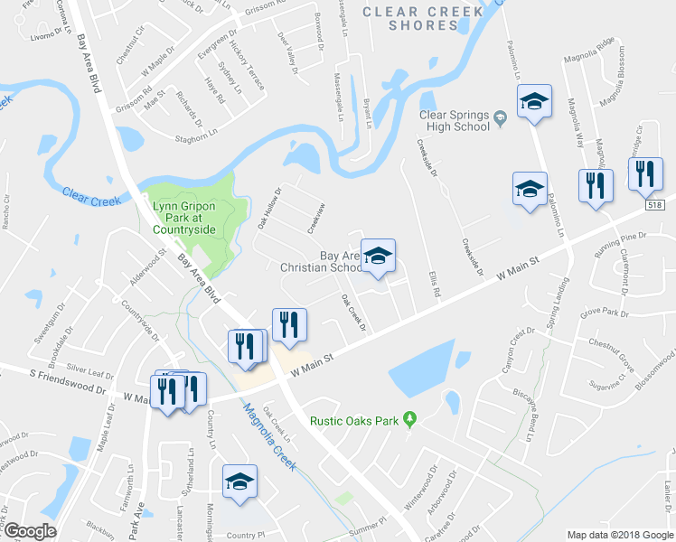 map of restaurants, bars, coffee shops, grocery stores, and more near 208 Oak Creek Drive in League City