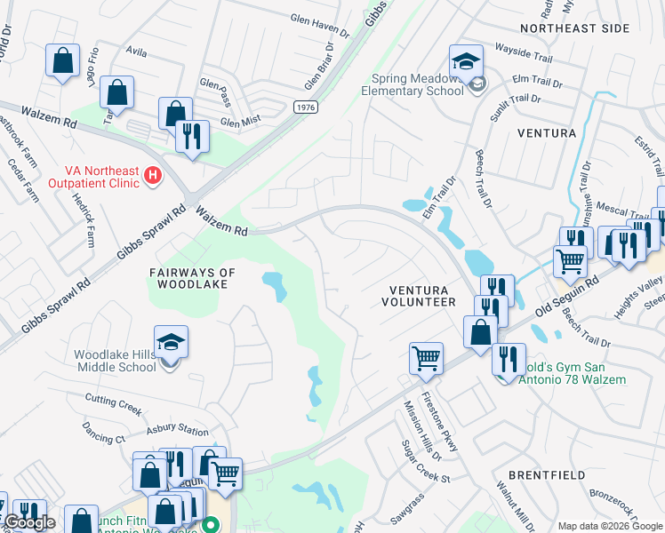 map of restaurants, bars, coffee shops, grocery stores, and more near 6947 Congressional Boulevard in San Antonio
