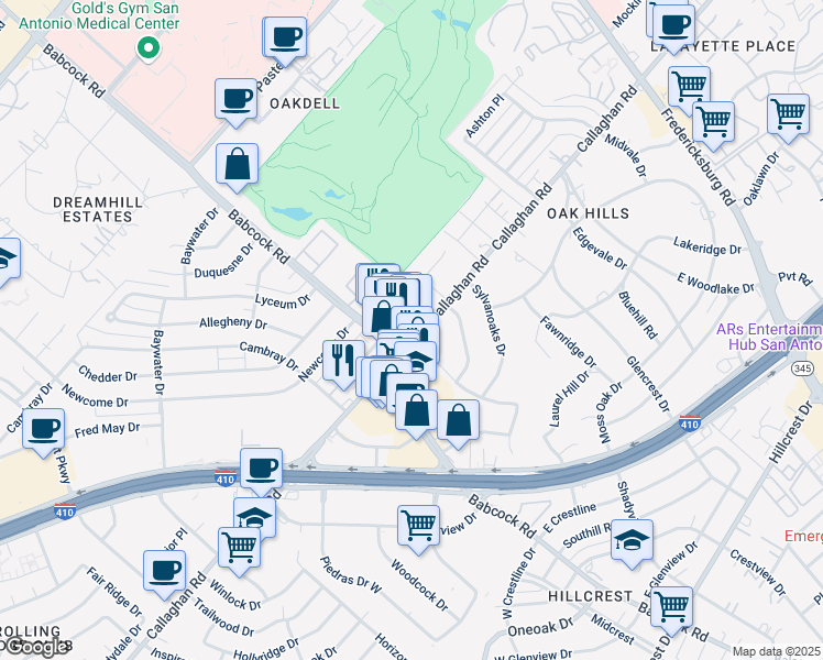 map of restaurants, bars, coffee shops, grocery stores, and more near 1701 Babcock Road in San Antonio