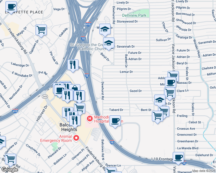 map of restaurants, bars, coffee shops, grocery stores, and more near 366 Mink Drive in San Antonio