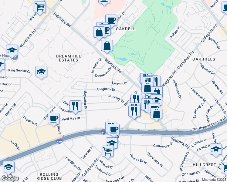 map of restaurants, bars, coffee shops, grocery stores, and more near 4526 Allegheny Drive in San Antonio