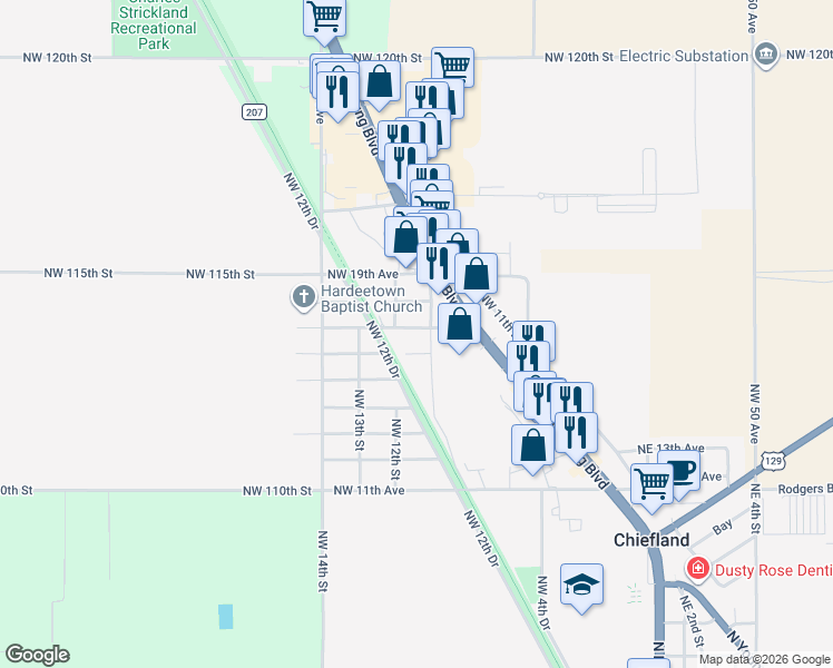 map of restaurants, bars, coffee shops, grocery stores, and more near 1011 Northwest 17th Avenue in Chiefland