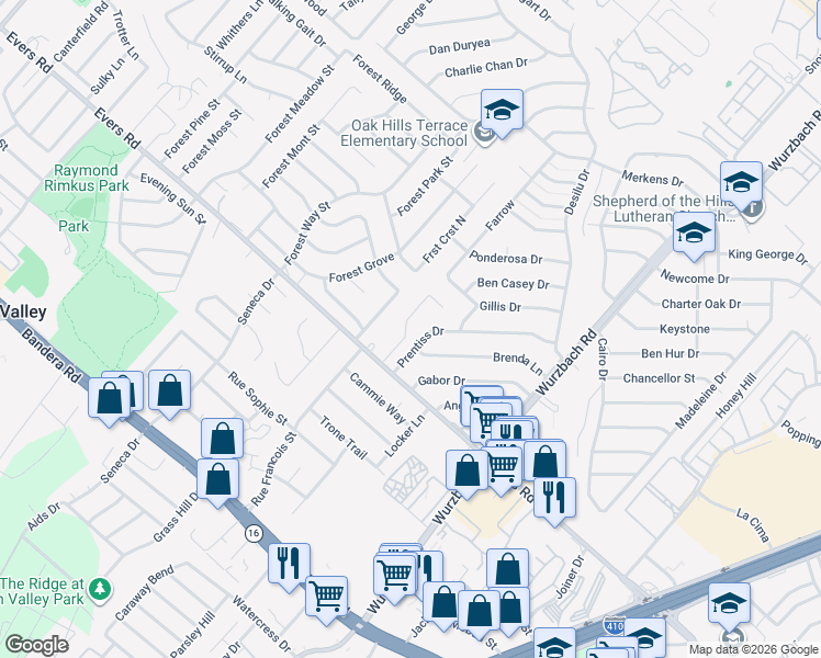 map of restaurants, bars, coffee shops, grocery stores, and more near 6638 Forest Dell St in San Antonio
