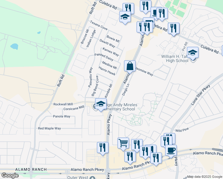 map of restaurants, bars, coffee shops, grocery stores, and more near 6226 Kimble Mill in San Antonio