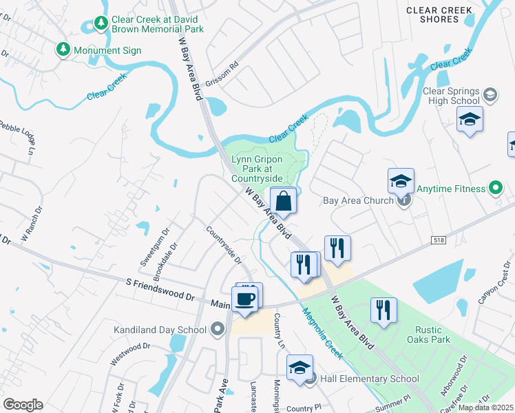 map of restaurants, bars, coffee shops, grocery stores, and more near 6128 Brookdale Drive in League City