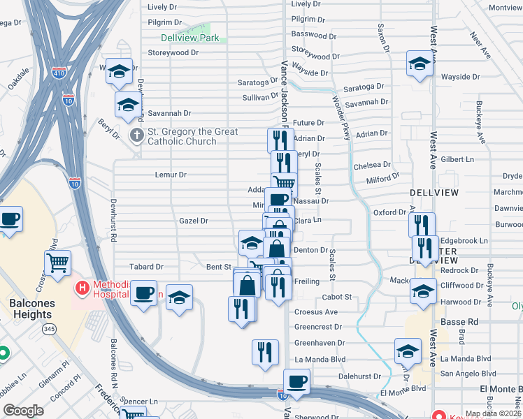 map of restaurants, bars, coffee shops, grocery stores, and more near 130 Mink Drive in San Antonio