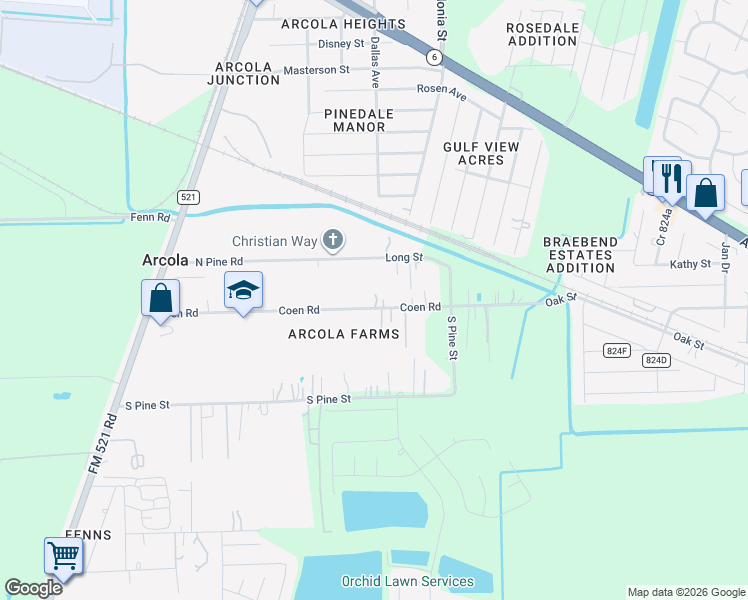 map of restaurants, bars, coffee shops, grocery stores, and more near 703 Coen Road in Rosharon