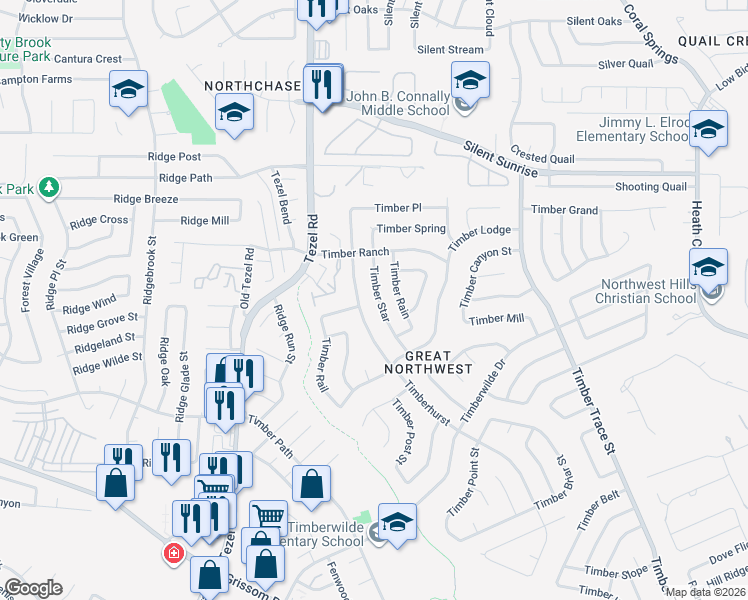 map of restaurants, bars, coffee shops, grocery stores, and more near 5651 Timber Star in San Antonio