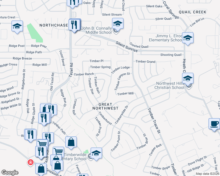 map of restaurants, bars, coffee shops, grocery stores, and more near 8554 Timber Lodge in San Antonio