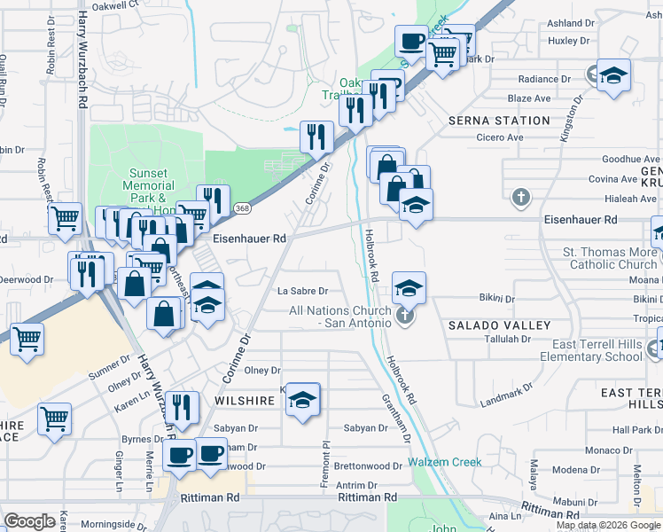 map of restaurants, bars, coffee shops, grocery stores, and more near 3727 Van Dyke Drive in San Antonio