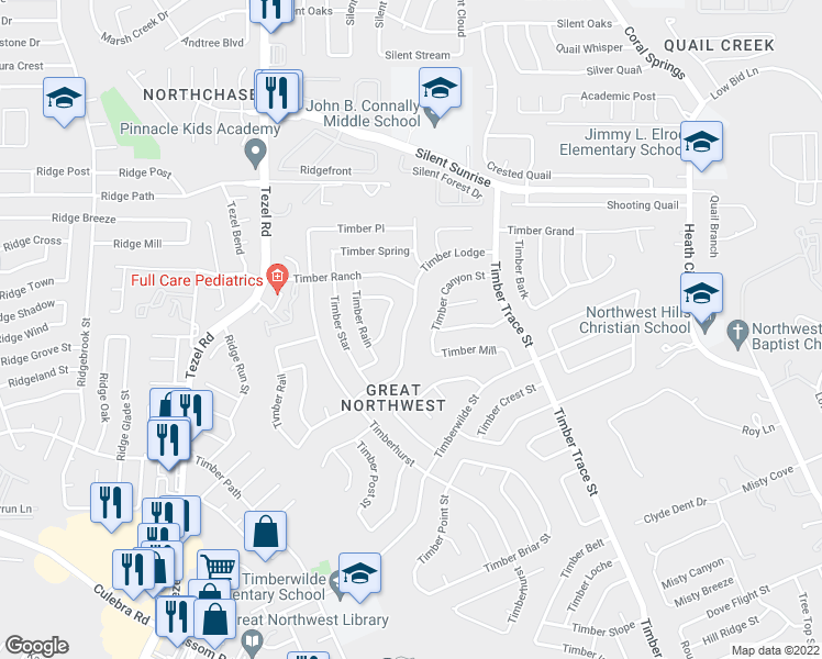 map of restaurants, bars, coffee shops, grocery stores, and more near 8554 Timber Lodge in San Antonio