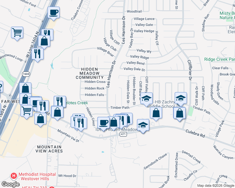 map of restaurants, bars, coffee shops, grocery stores, and more near 5935 Hidden Glade in San Antonio
