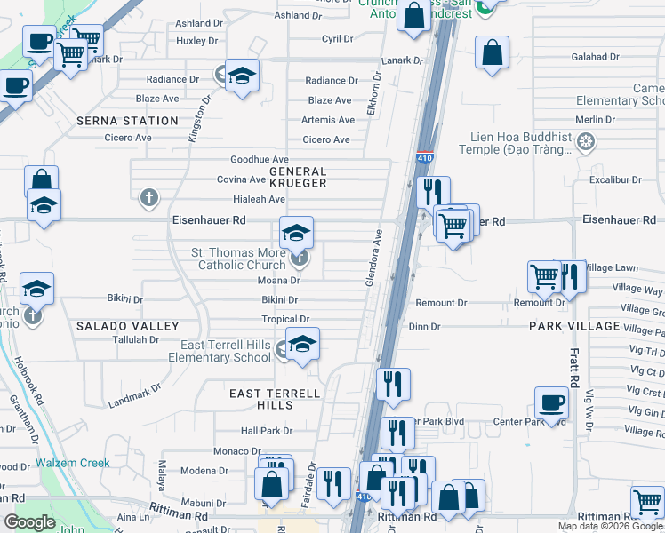 map of restaurants, bars, coffee shops, grocery stores, and more near 4506 Waikiki Drive in San Antonio
