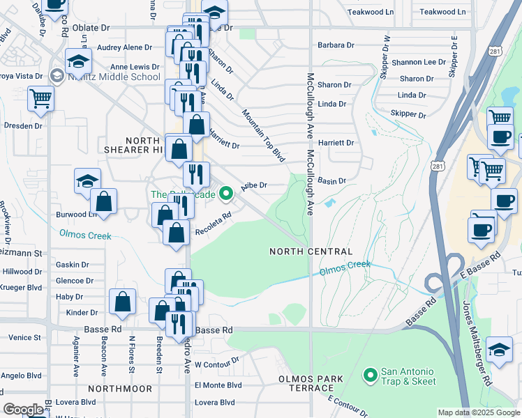 map of restaurants, bars, coffee shops, grocery stores, and more near 103 Jackson Keller Road in San Antonio