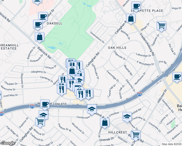 map of restaurants, bars, coffee shops, grocery stores, and more near 4114 Sylvanoaks Drive in San Antonio