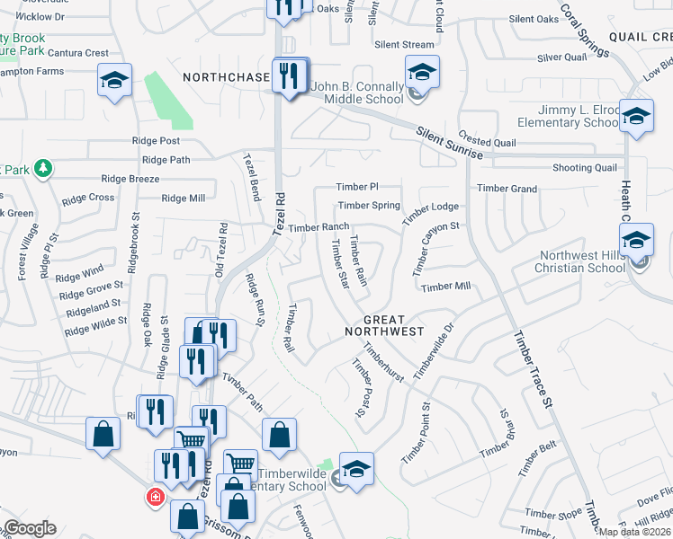 map of restaurants, bars, coffee shops, grocery stores, and more near 5651 Timber Star in San Antonio