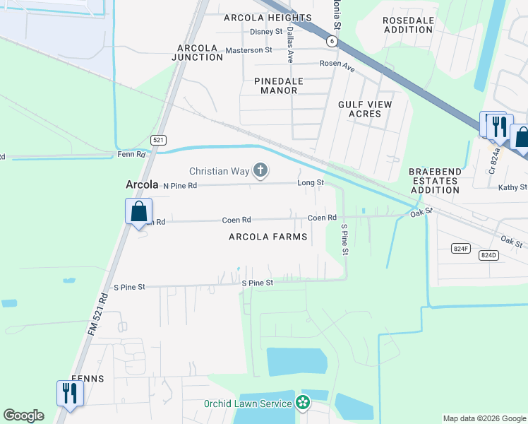 map of restaurants, bars, coffee shops, grocery stores, and more near 535 Coen Road in Rosharon